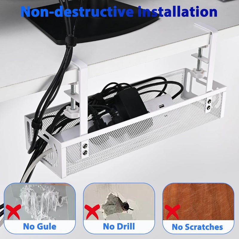 QUELIEN Under Desk Cable Management Tray Small – Clamp-Mounted Wire Organizer & Cord Management Under Desk Holder, No-Drill Metal Cable Tray for Home Office (White) - Image 3